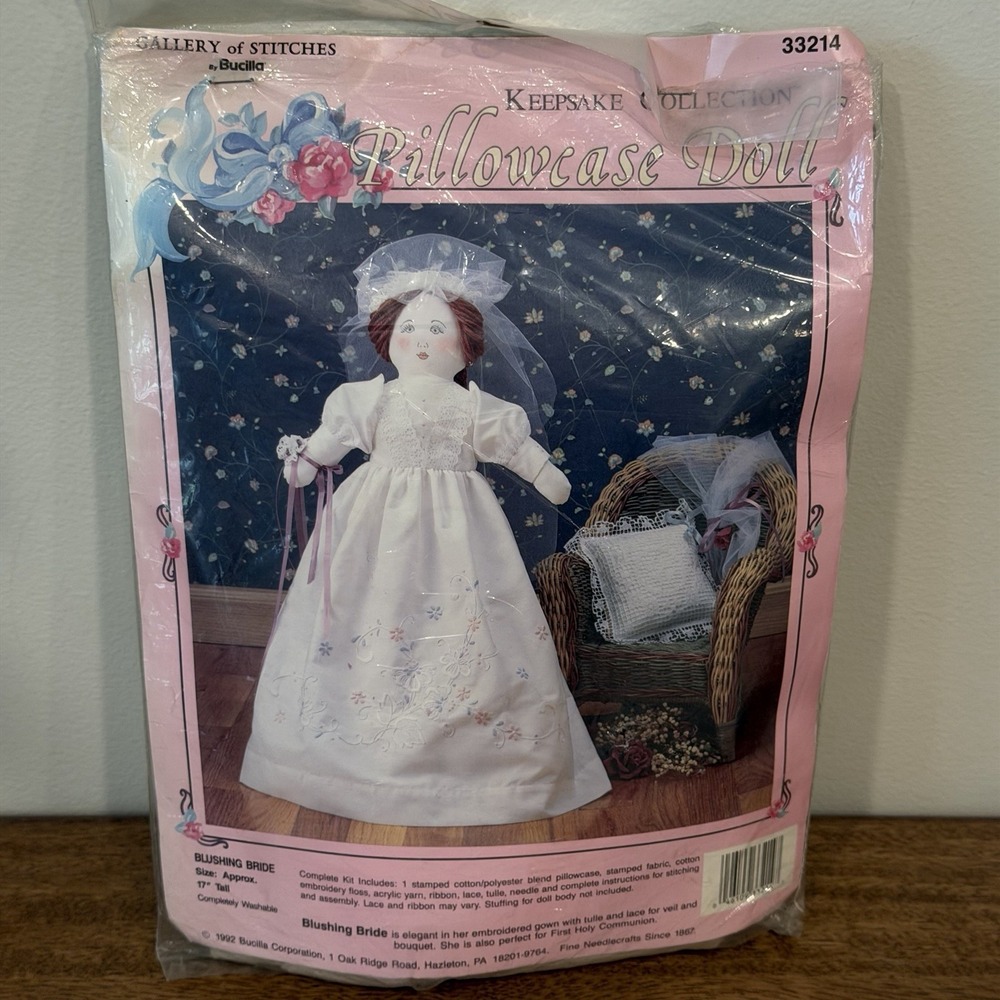 Bucilla Gallery of Stitches Pillowcase Doll Blushing Bride 33214 1992 17" Tall